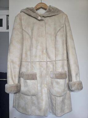 Cream Faux Shearling Coat with Hood By Johnston & Murphy